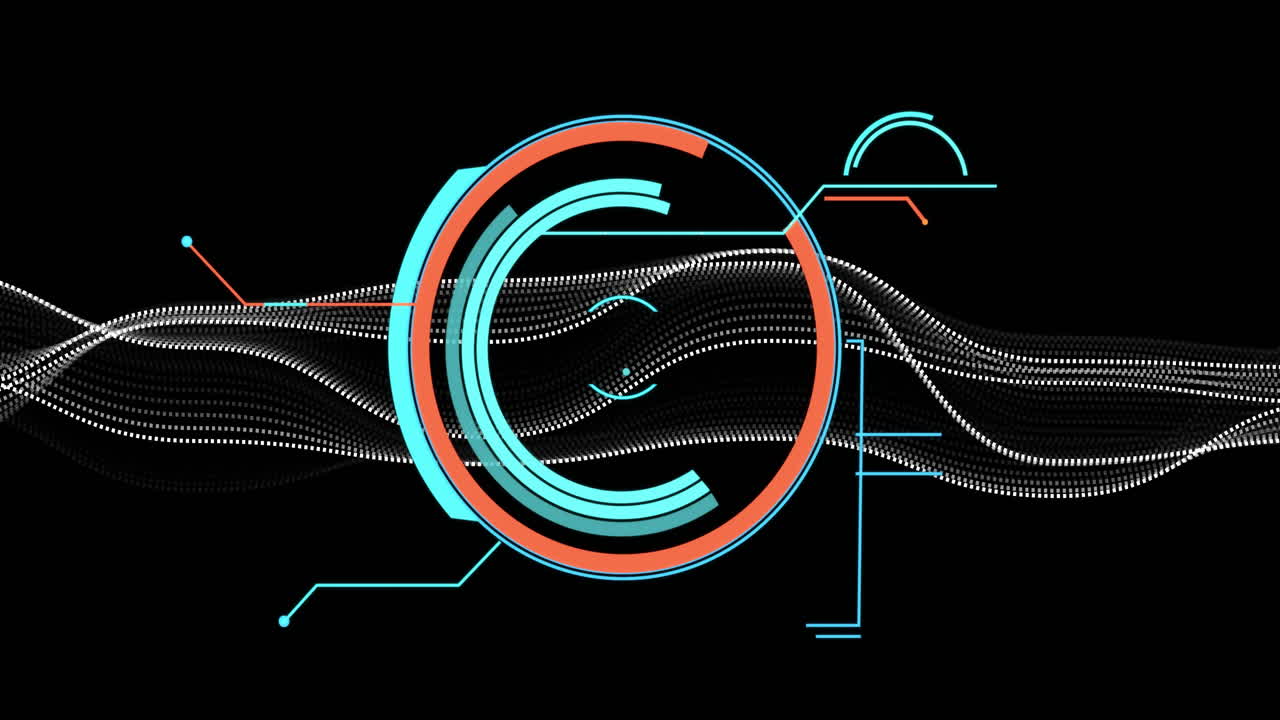Futuristic HUD interface animating over black, featuring orange rings cyan segments wave