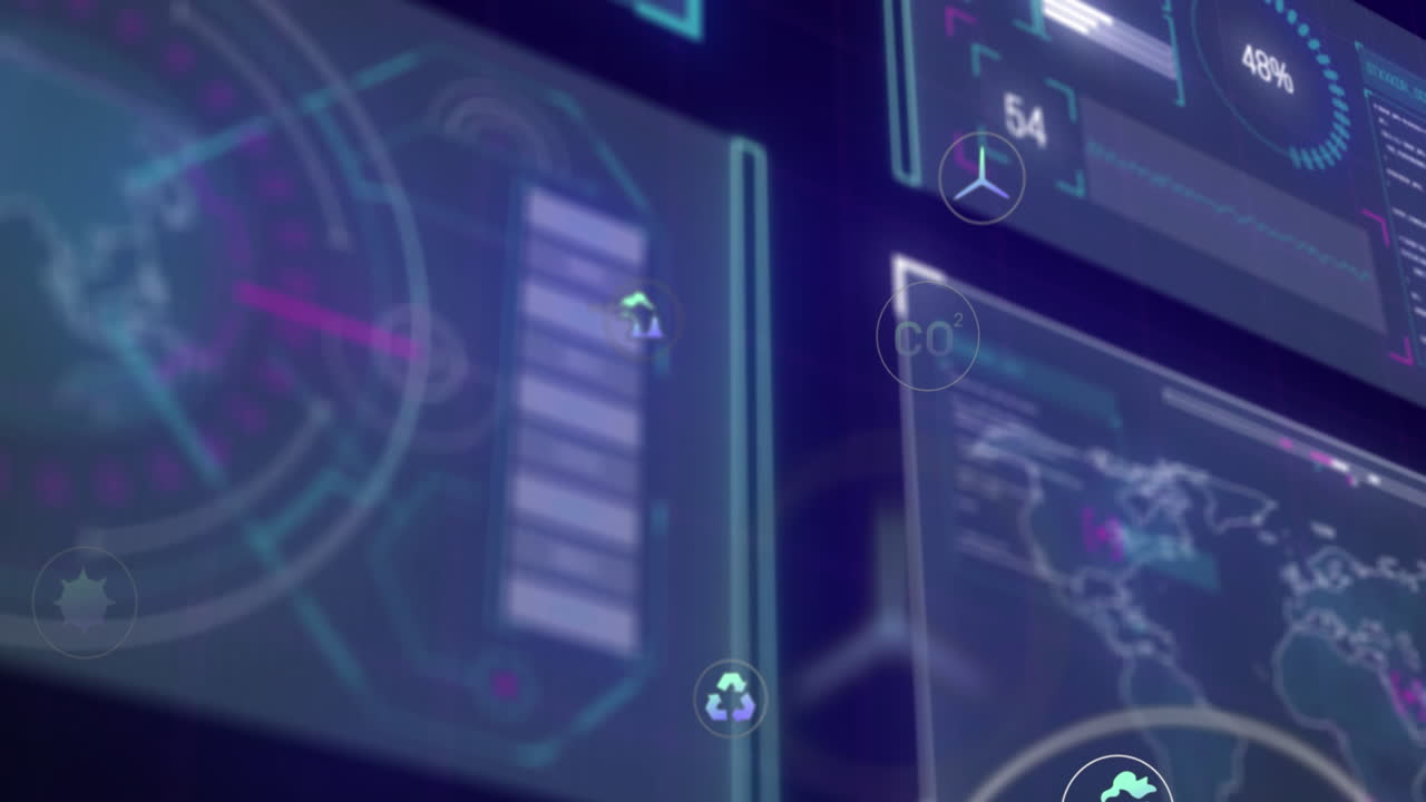 Animation of multiple digital icons over interface with data processing against blue background