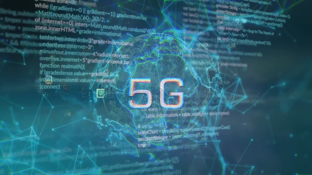 animación de banner de texto 5g sobre procesamiento de datos, globo giratorio y red de conexiones