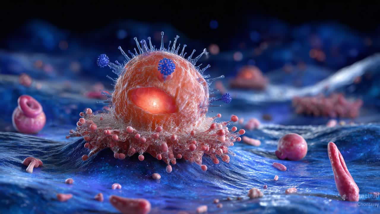 Magnified Visualization of a Cell Interacting with Its Environment, Showcasing Intricate Structures and Cellular Components in a Vibrant Microscopic Landscape