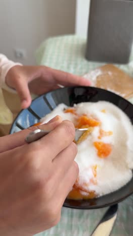 preparing a sweet pumpkin dessert with kids