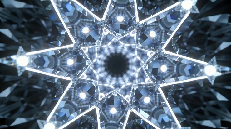 Stella caleidoscopica rotante con nodi pulsanti, che forma un tunnel verso l'interno attorno a un vuoto scuro negli specchi, inizio