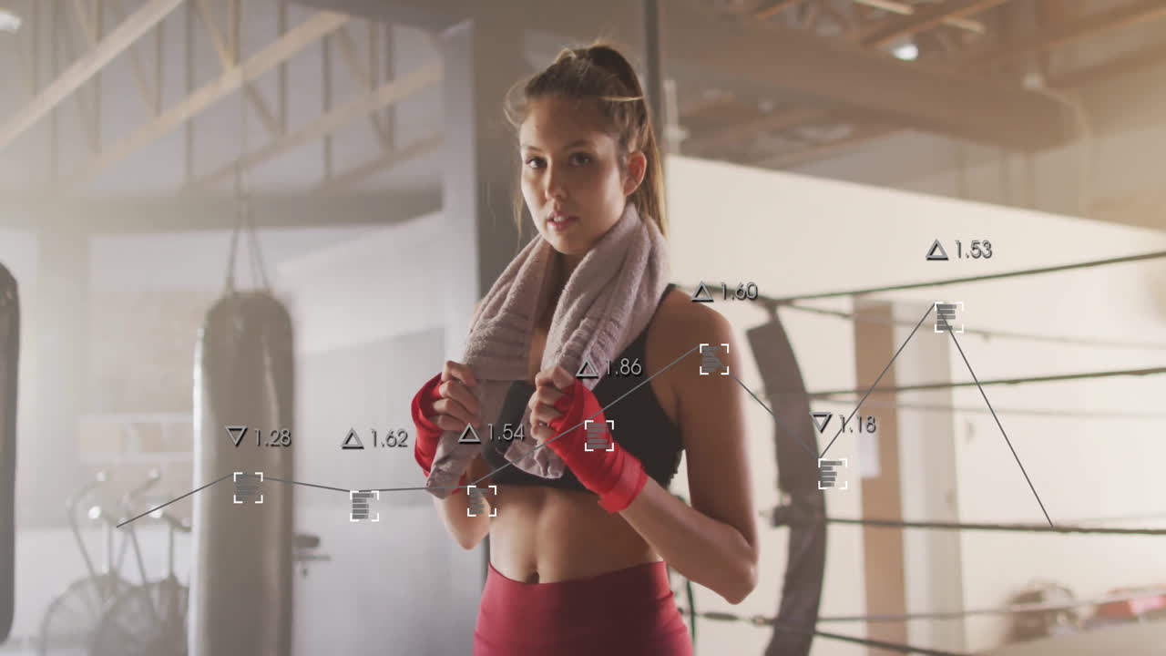 두 인종의 여성 권투 선수에 대한 금융 데이터 처리의 애니메이션