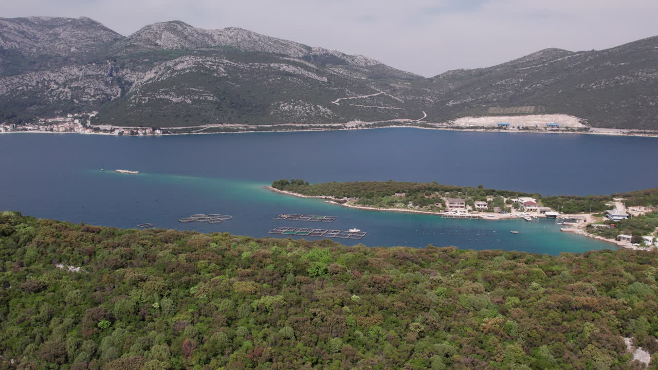 Aerial view of fish farm in a bay