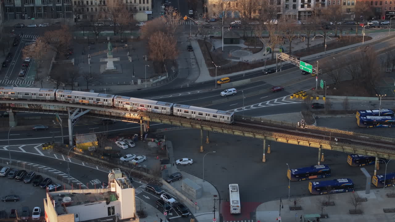 Drone shot of the subway in Brooklyn. Shot in Williamsburg at sunset