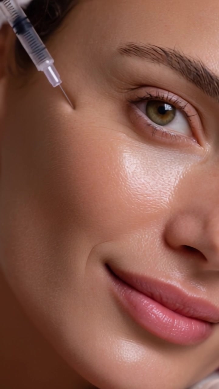 Primo piano del viso di una donna che mostra un trattamento per la cura della pelle con una siringa, evidenziando una pelle luminosa e un'espressione serena, enfatizzando bellezza ed estetica