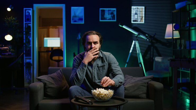 Uomo che guarda un film thriller avvincente, mangiando popcorn, primo piano