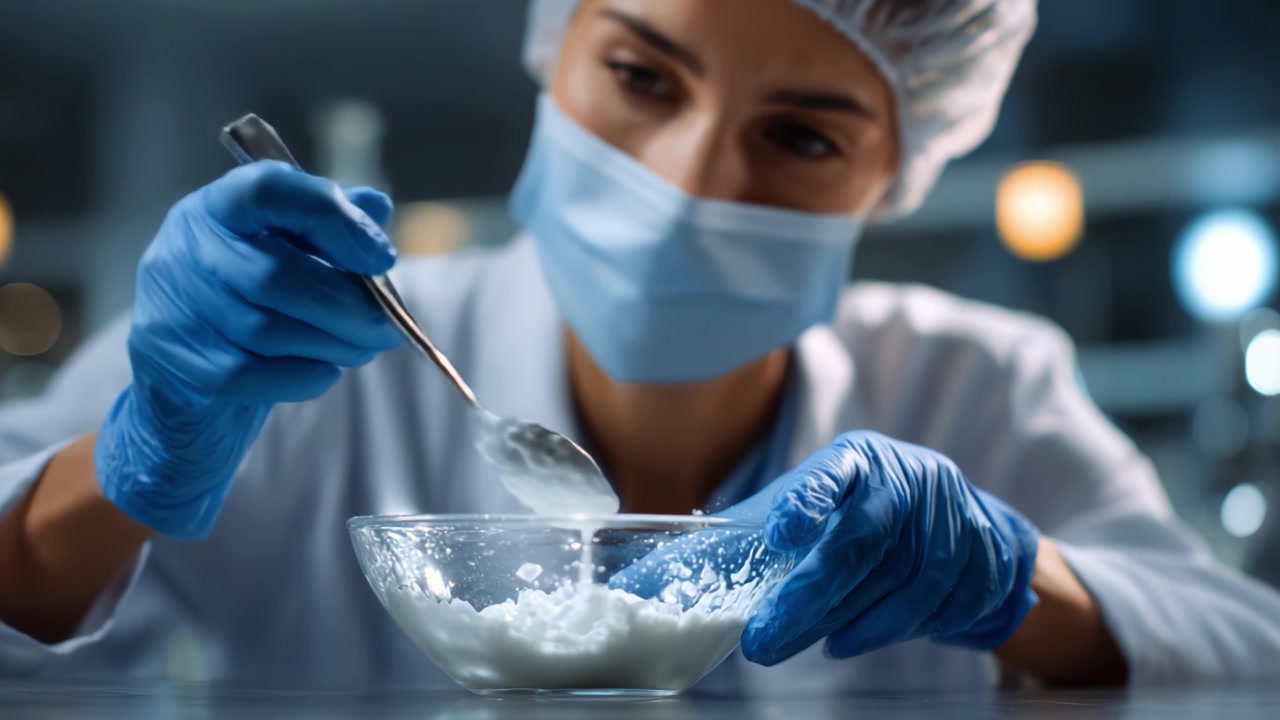 A focused laboratory technician meticulously mixing a creamy substance in a bowl while wearing protective gloves, mask, and hairnet in a sterile environment.