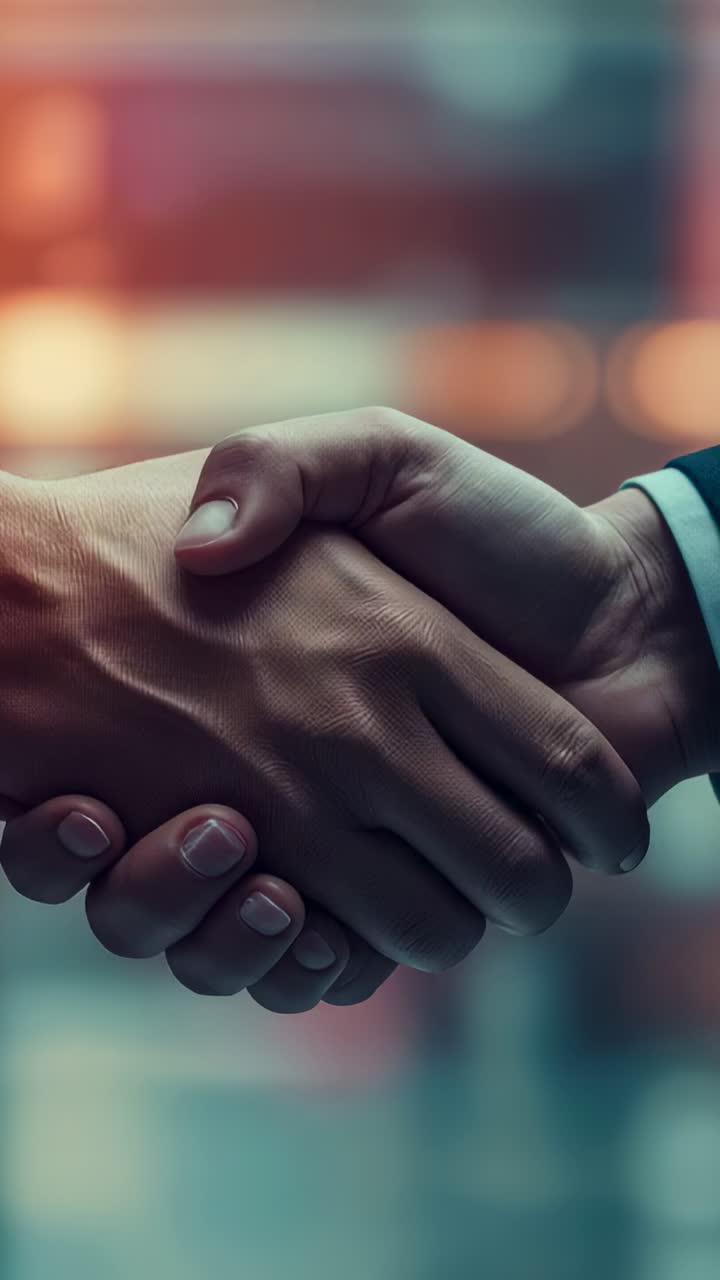 Vertical video: Initiating business partners agreeing via firm handshake in office lobby, cuff seen