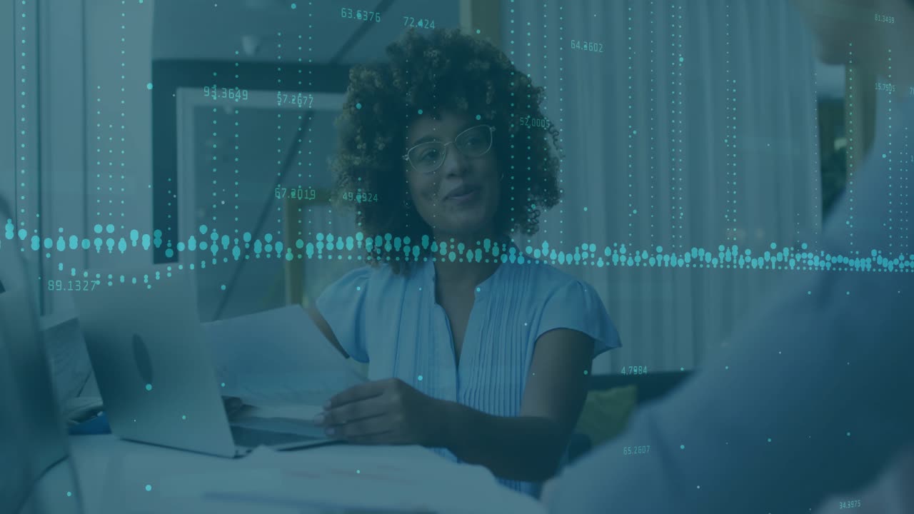 Businesswoman glancing at report initiating data waveform overlay while highlighting key insights