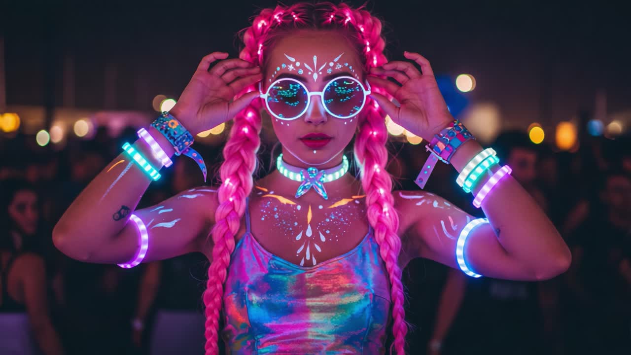 A Vibrant Celebration of Neon Colors: A Stunning Individual with Glowing Accessories and Artistic Body Paint Captivates the Night at a Colorful Festival