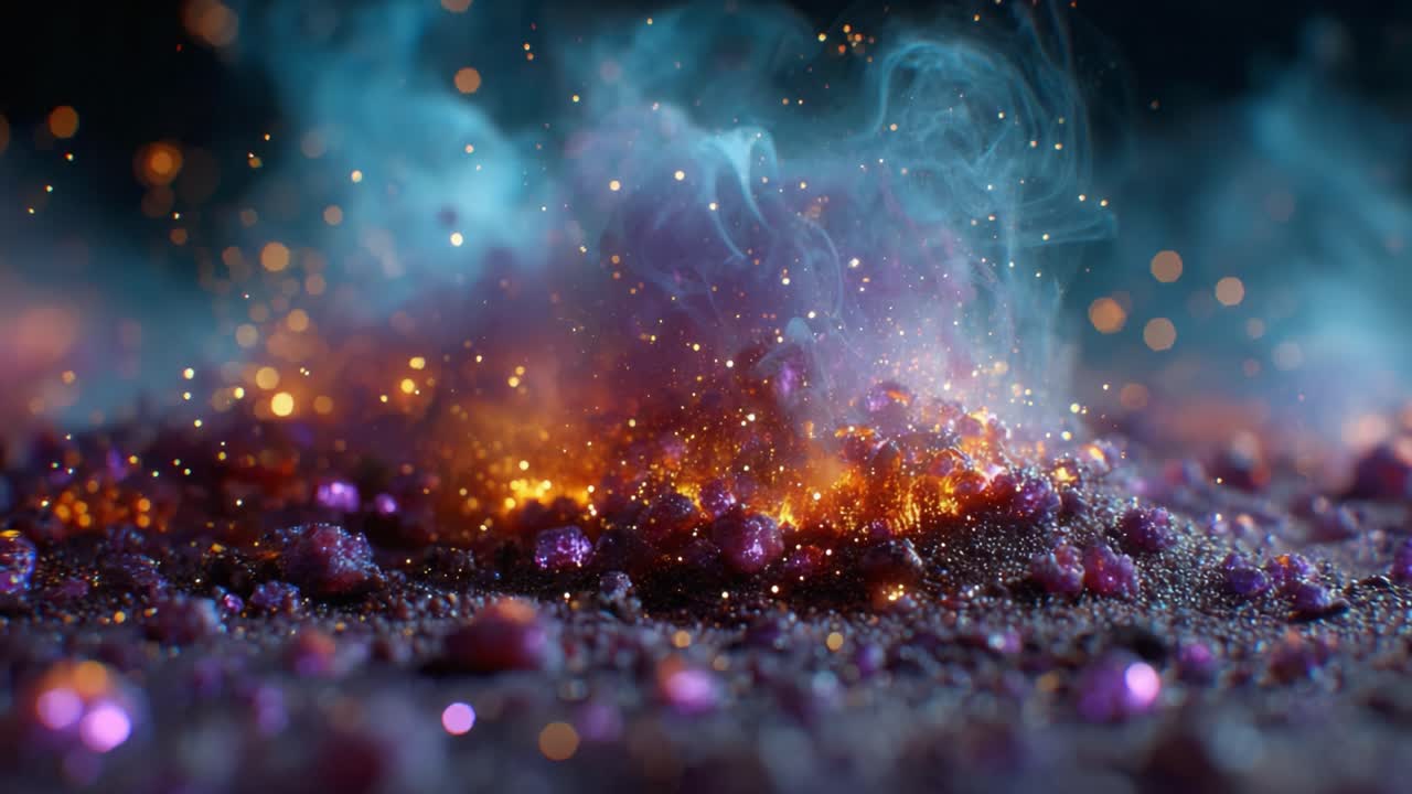 A Captivating Display of Colorful Smoke and Sparkling Particles Erupting from a Glittering Surface, Creating an Enchanting Cosmic Effect