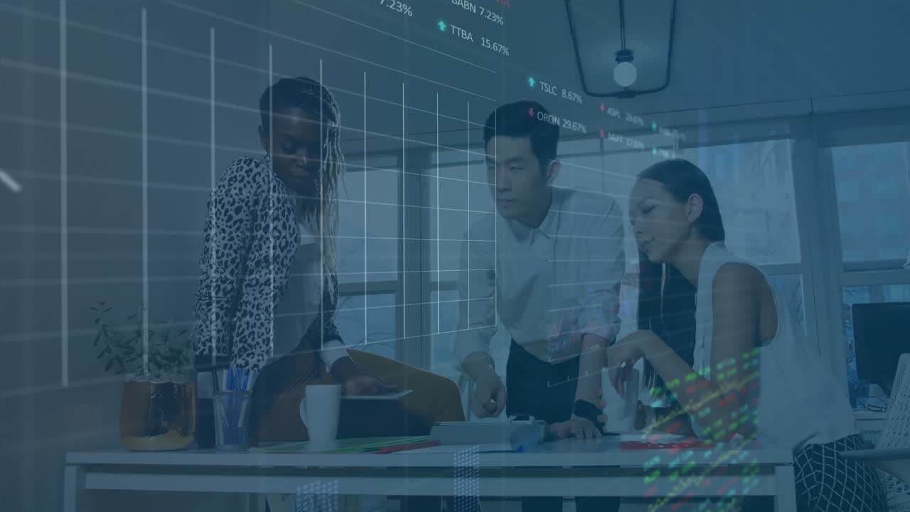 Animation of data processing and diagrams over diverse business people discussing work