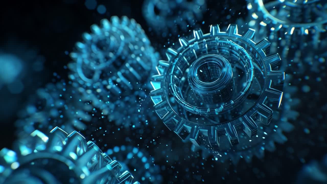 A mesmerizing close-up view of intricate glass-like gears spinning and interlocking, showcasing their detailed craftsmanship and stunning reflections, surrounded by a captivating blue glow and sparkling particles