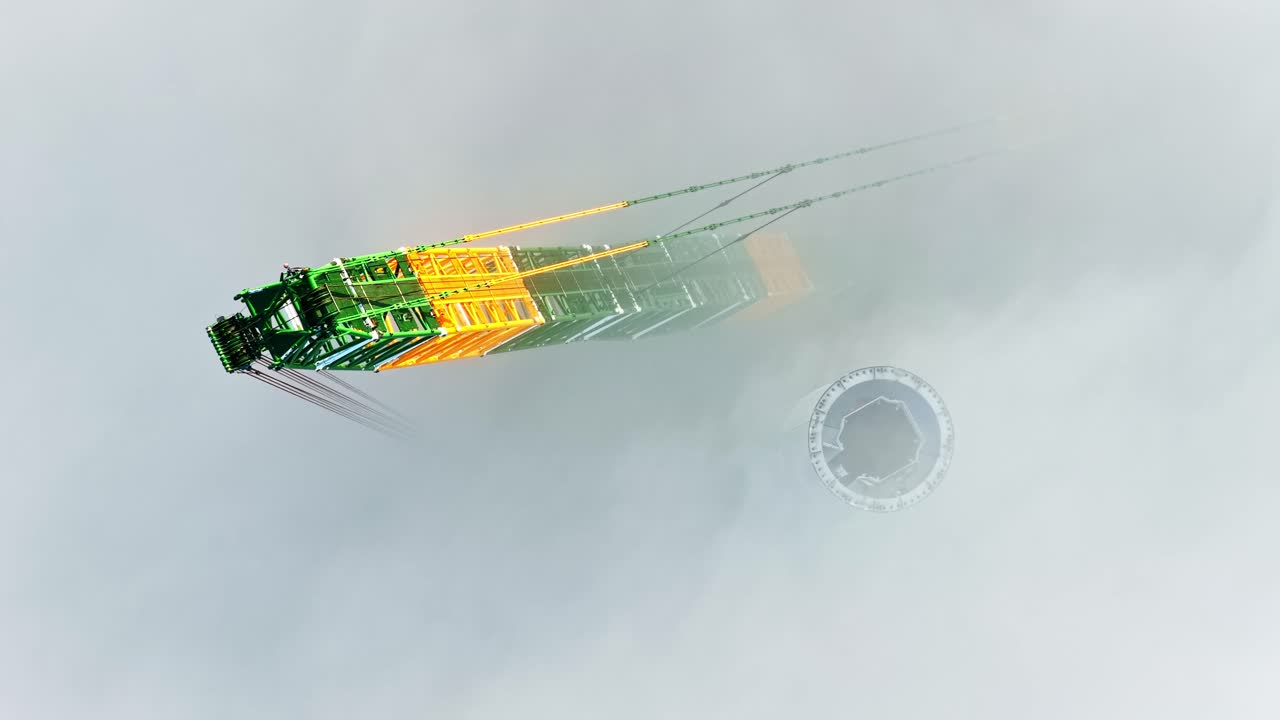 A wind-turbine construction crane breaks through dense clouds, its bright green and yellow structure hovering above the fog as the turbine tower base fades below into the mist