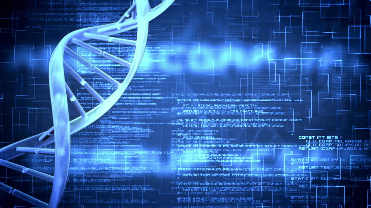 Blue DNA Helix with flying text