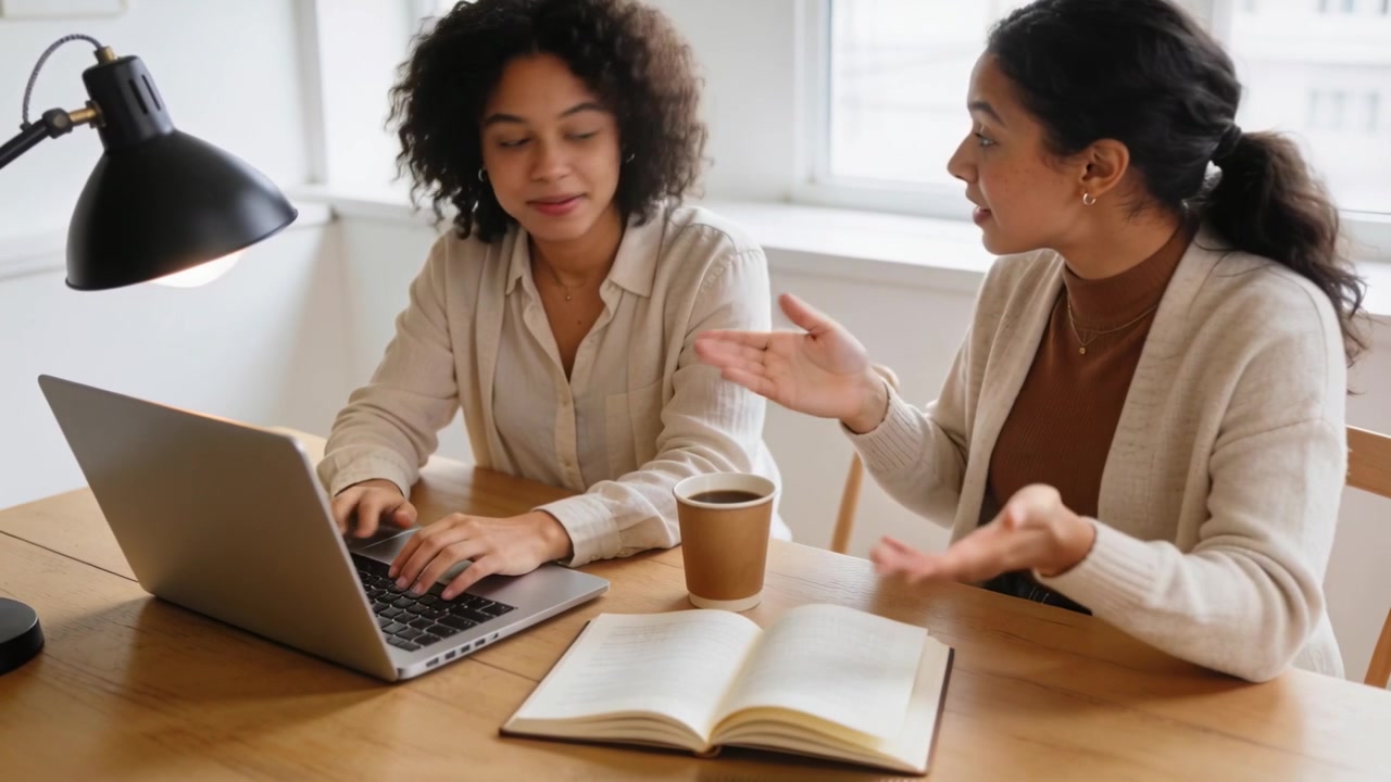 Typing two women casual-clad at window, left on laptop while right raising hand, reviewing notebook