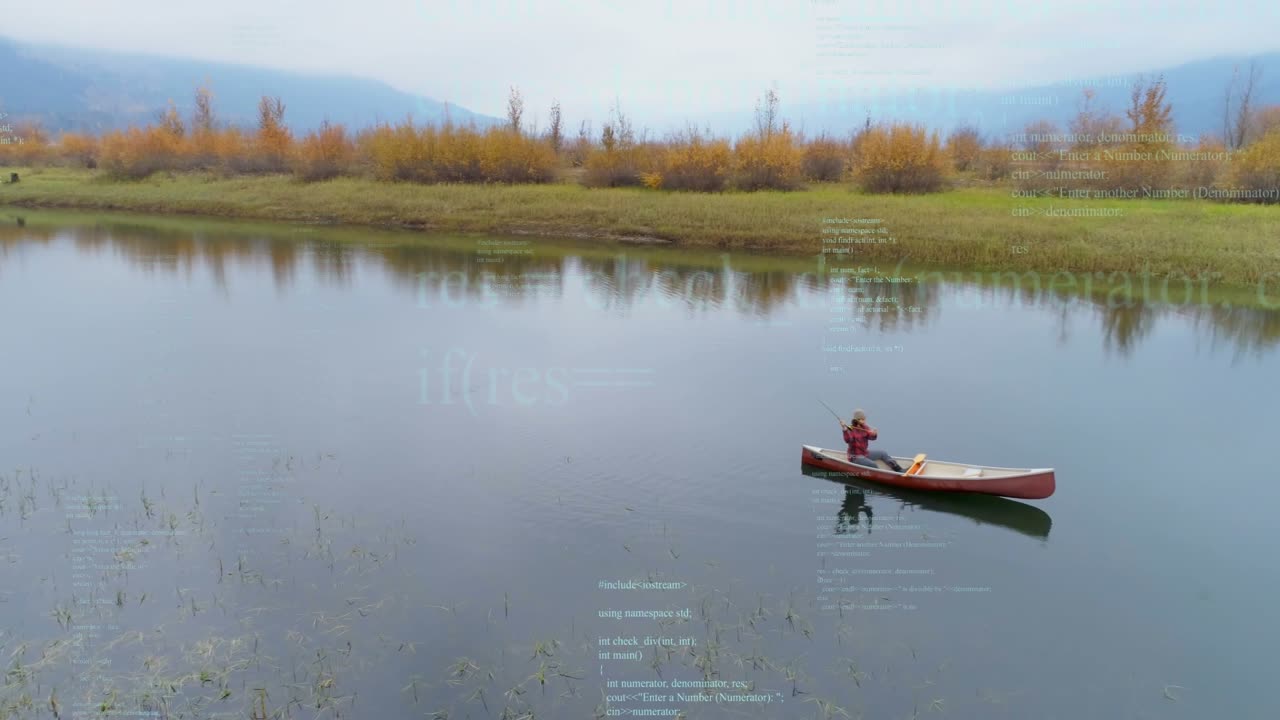 Man paddling red canoe on calm lake, stroke starting animated travel map overlaying orange trees