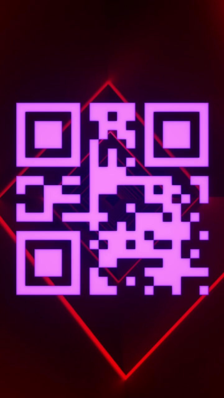 Vertical video: Gray blocks sliding, QR code being revealed, pulsing for scanning over neon diamond