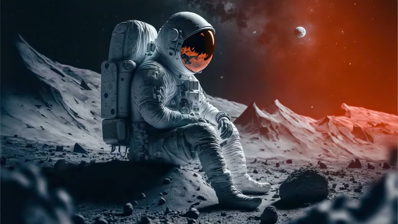 Astronaut, der hviler på et øde måne- eller fremmed landskab med en fjern planet
