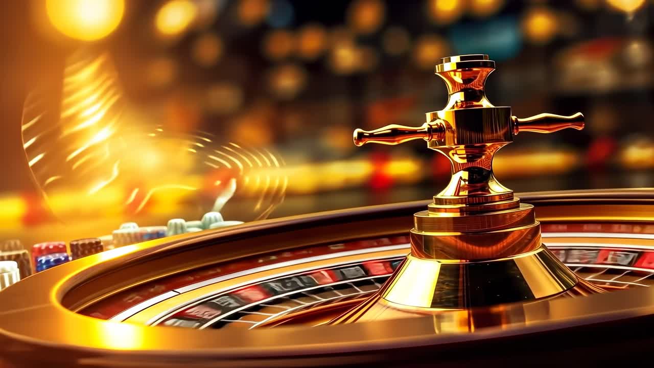 Dynamic video of a spinning roulette wheel in a casino, captured from a low angle