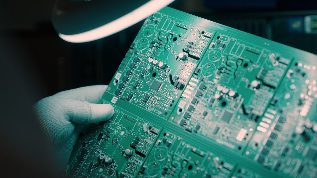 Hands examining a circuit board under magnification in slow motion
