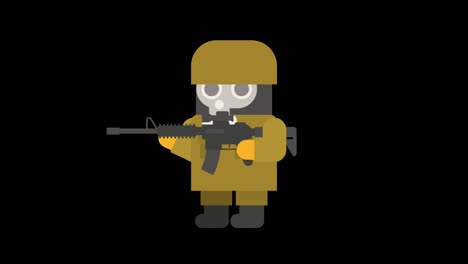 sergeant in gas mask walking and shoots from machine gun. alpha channel