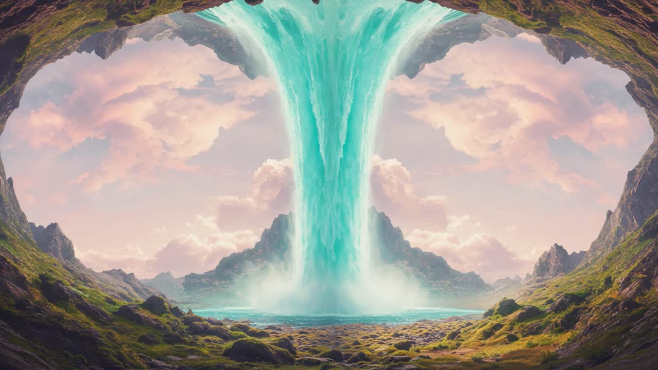 A Stunning Waterfall Cascades Through an Enchanted Valley, Framing a Serene Landscape of Greenery and Mountains Beneath a Soft Pink Sky at Twilight