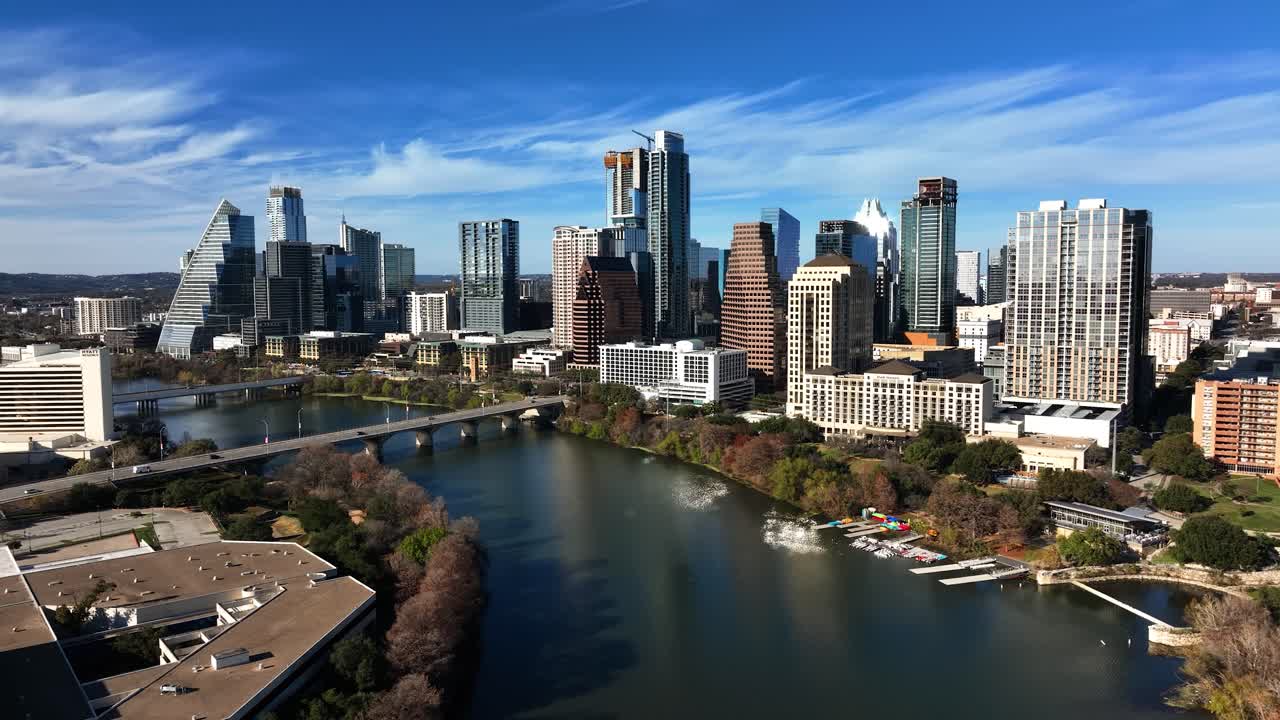 Aerial view around the riverside skyline of Austin, sunny autumn day in TX, USA