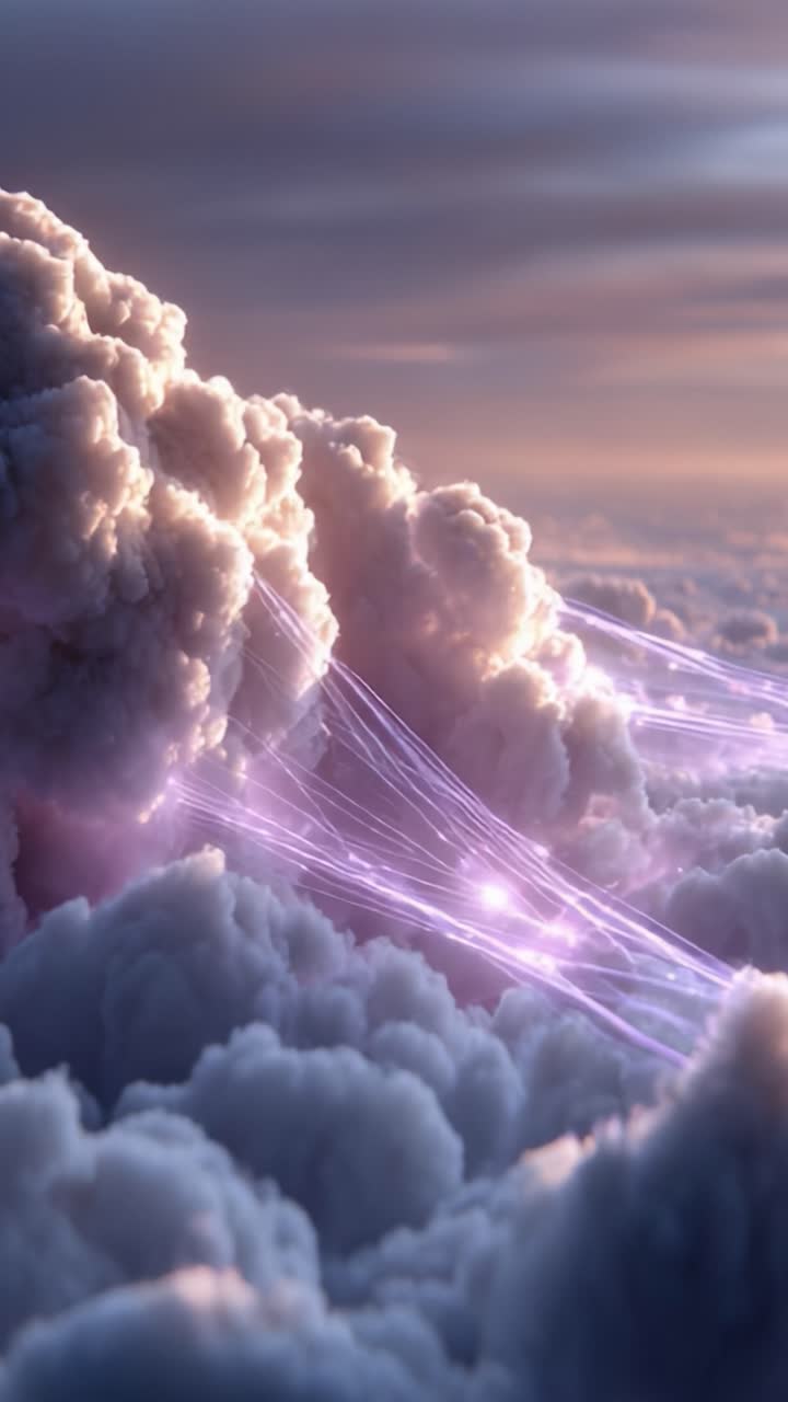 Una rappresentazione affascinante di nuvole eteree illuminate da raggi di luce radiosa, che mette in mostra l'intricata bellezza del cielo in un gradiente di colori ipnotico