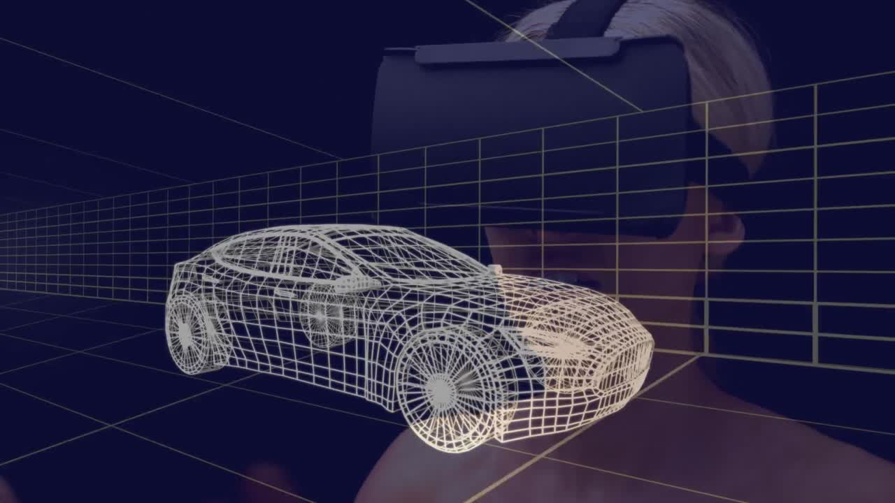 animación de un dibujo de coche en 3d sobre una mujer con auriculares vr