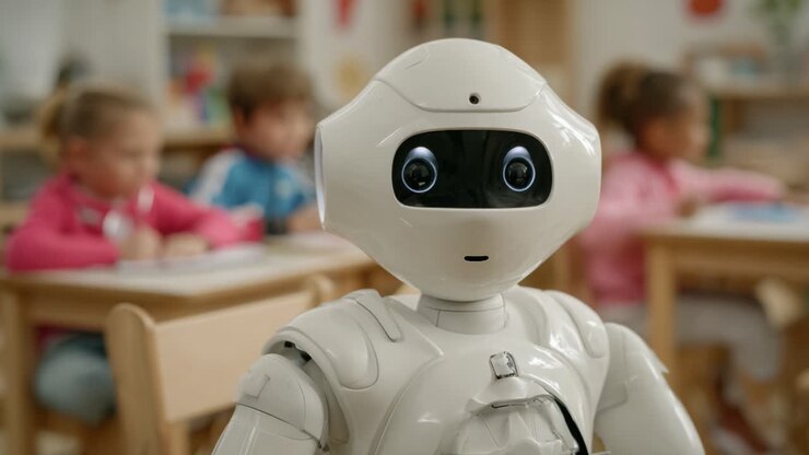 Un compagno di classe: un coinvolgente robot educativo interagisce con i bambini in un ambiente di apprendimento, promuovendo la curiosità e esperienze di apprendimento divertenti