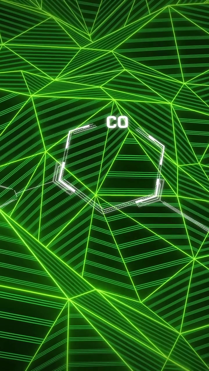 Chemical structures and molecular bonds animation over green geometric grid background