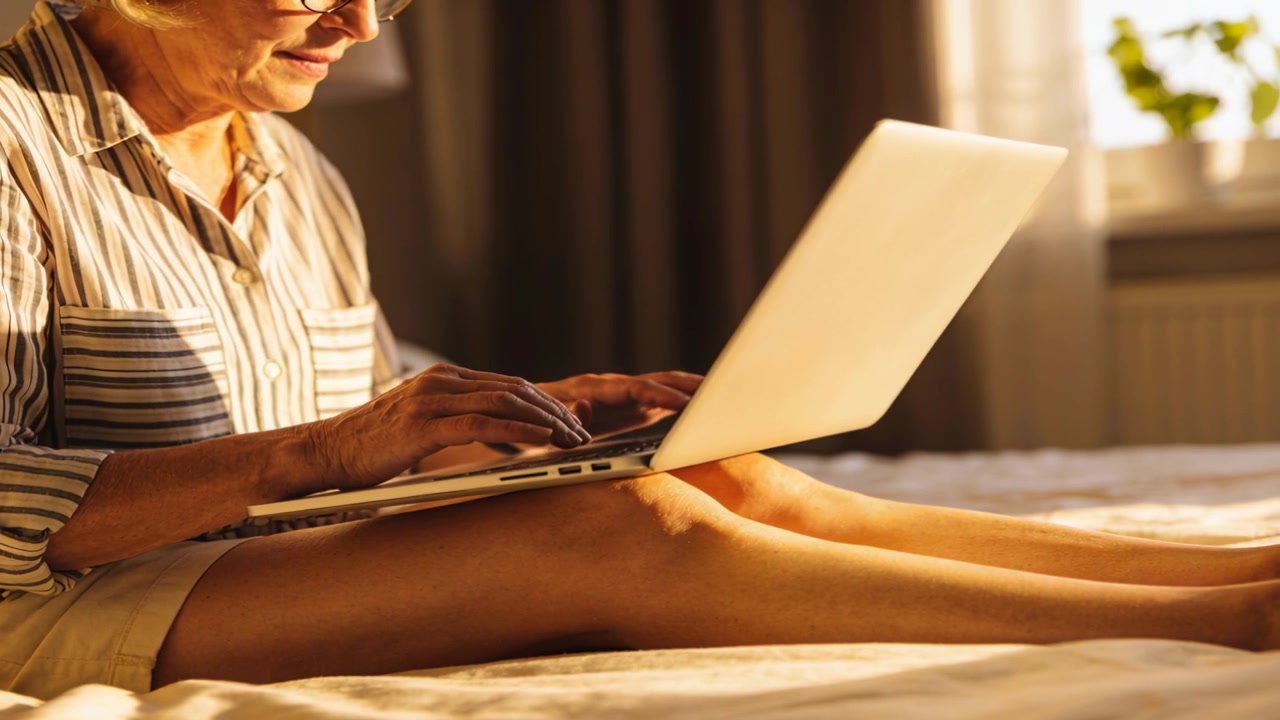 Mulher idosa digitando, de camisa listrada e shorts, trabalhando no laptop na cama perto da janela, com óculos visíveis.
