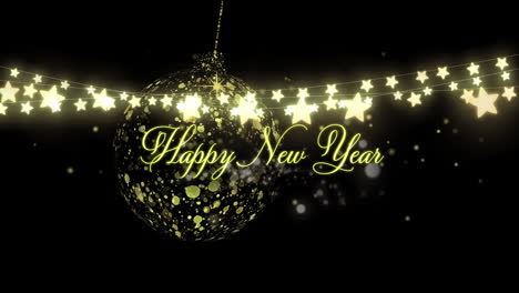 animation of stars and happy new year over golden bauble on black background