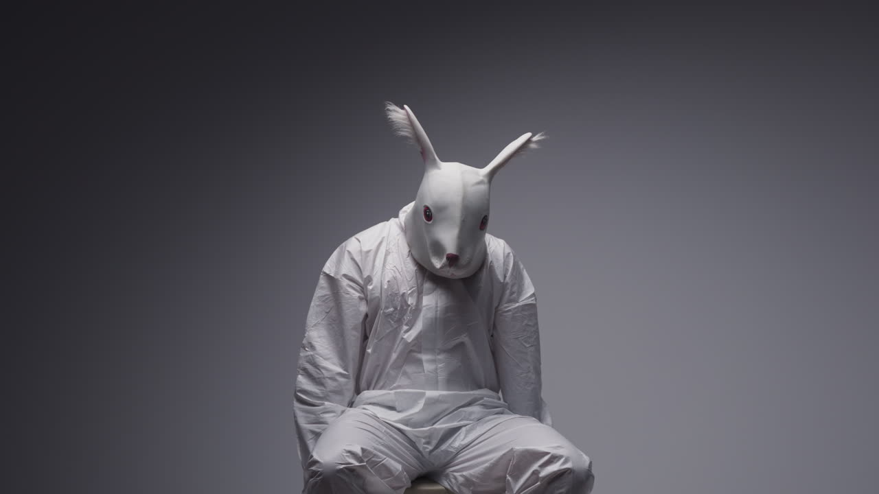 Person in Rabbit Mask and White Hazmat Suit