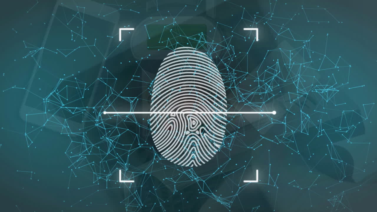 animación de escaneo de huellas del pulgar con puntos de conexión contra el hombre caucásico girando las páginas del libro