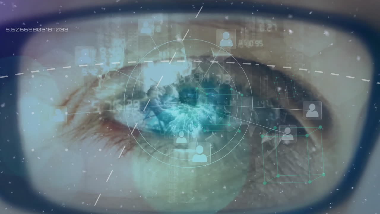 primer plano del ojo con interfaz digital y superposición de animación de conexiones de red