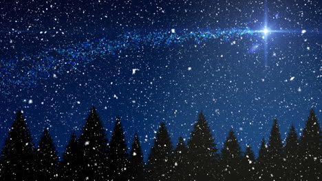 animation of snow falling over fir trees and shooting star in winter scenery