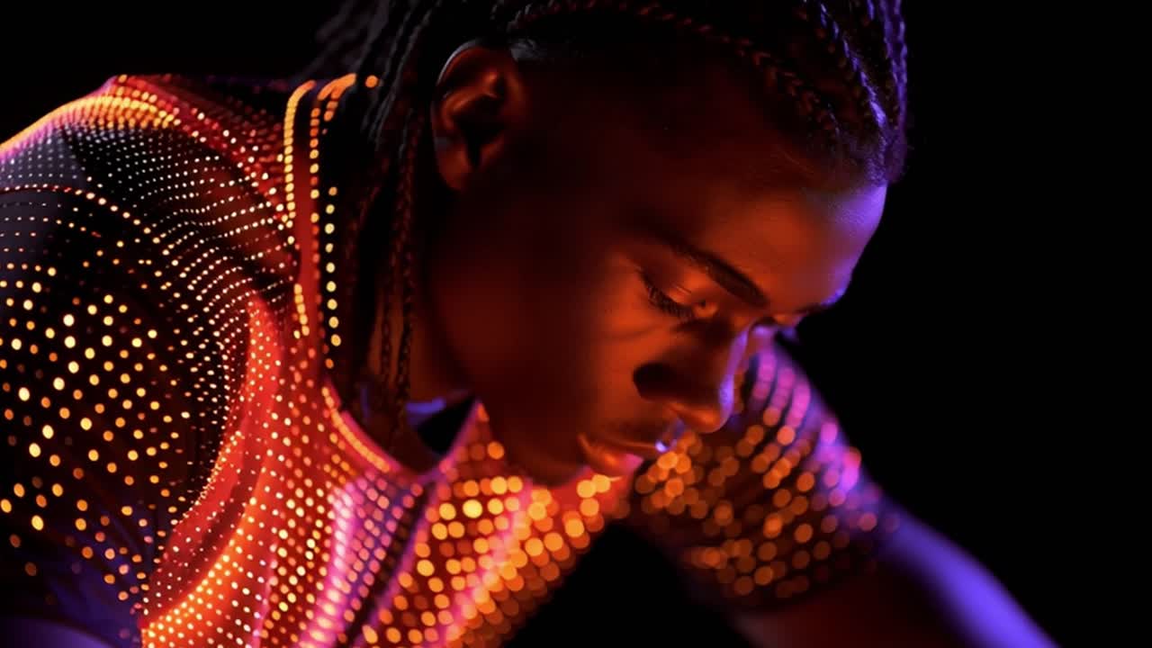 Giovane uomo con maglietta luminosa che guarda in alto sotto drammatica illuminazione al neon