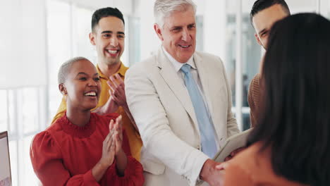 success, winner and applause with business people