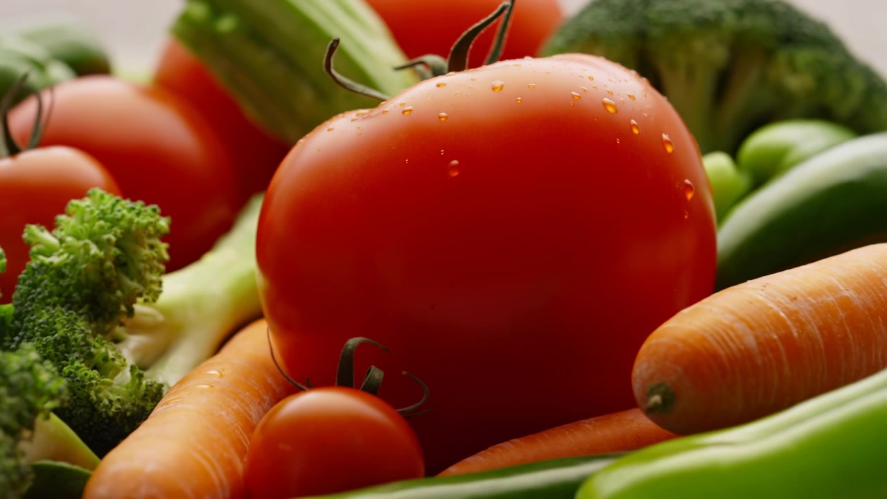 Progressively wider framing reveals assorted fresh vegetables surrounding water-dappled tomato, with orange carrots, green broccoli and peppers arranged across pale tabletop surface.