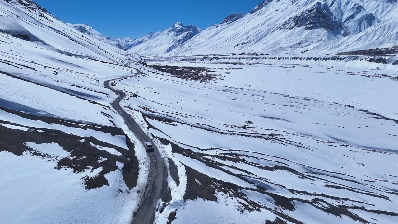 Snowy Mountain Road in a High-Altitude Valley
