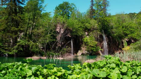 Low-angle-view-of-little-waterfalls-flowing-in-idyllic-green-natural-landscape-of-turquoise-water