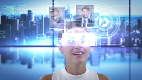 smiling woman is using futuristic glasses