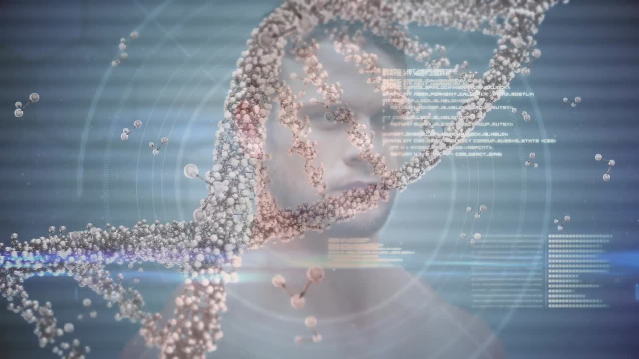 데이터 프로세싱과 강인한 사람의 운동을 하는 dna 가닥의 애니메이션