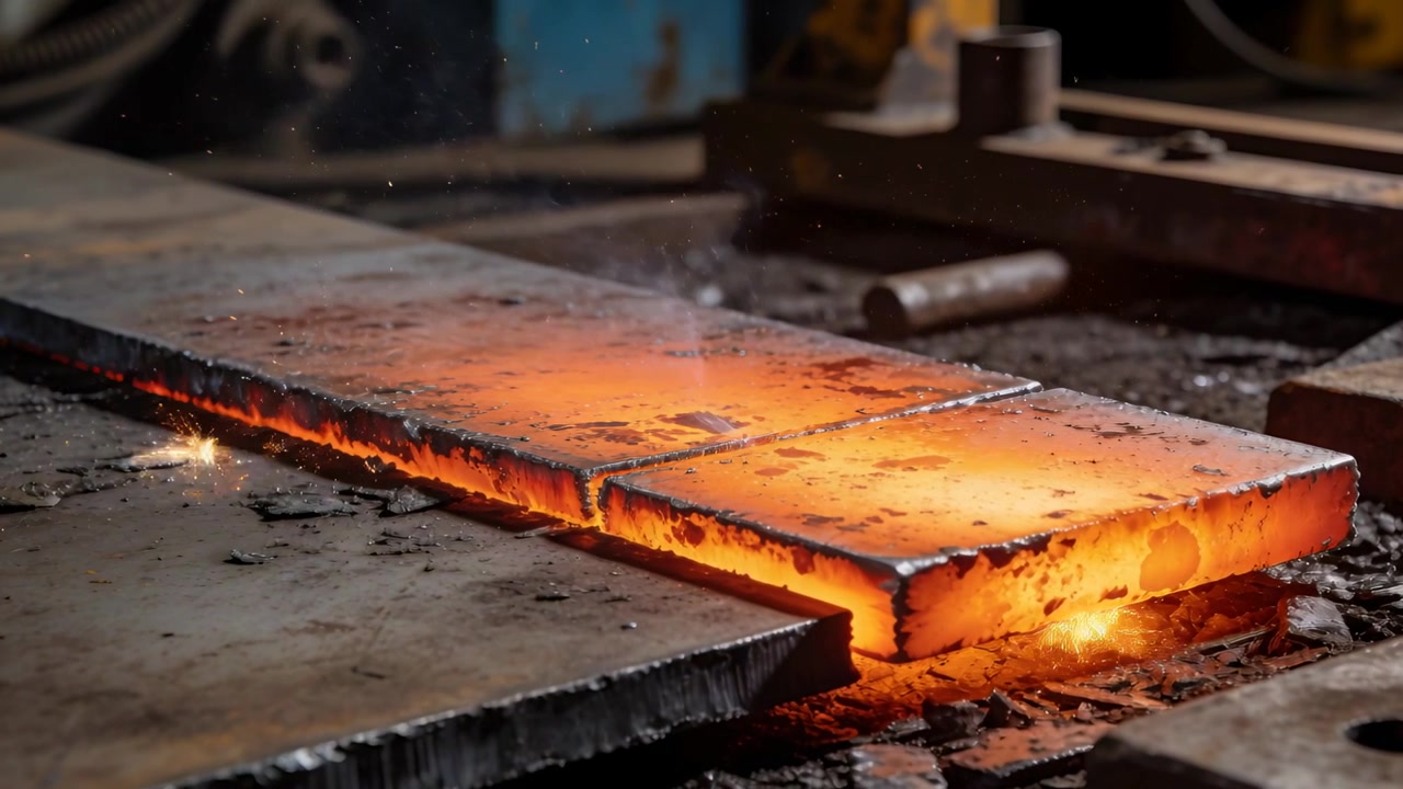 Lastra rettangolare di acciaio riscaldata che si raffredda, emettendo scintille e fumo su un banco da lavoro metallurgico, con un'asta.