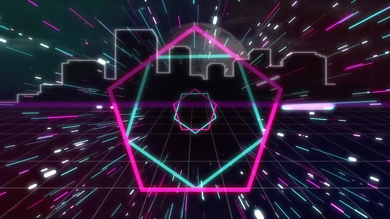 animación de formas de neón que se mueven sobre el paisaje urbano y el globo terrestre sobre un fondo negro.