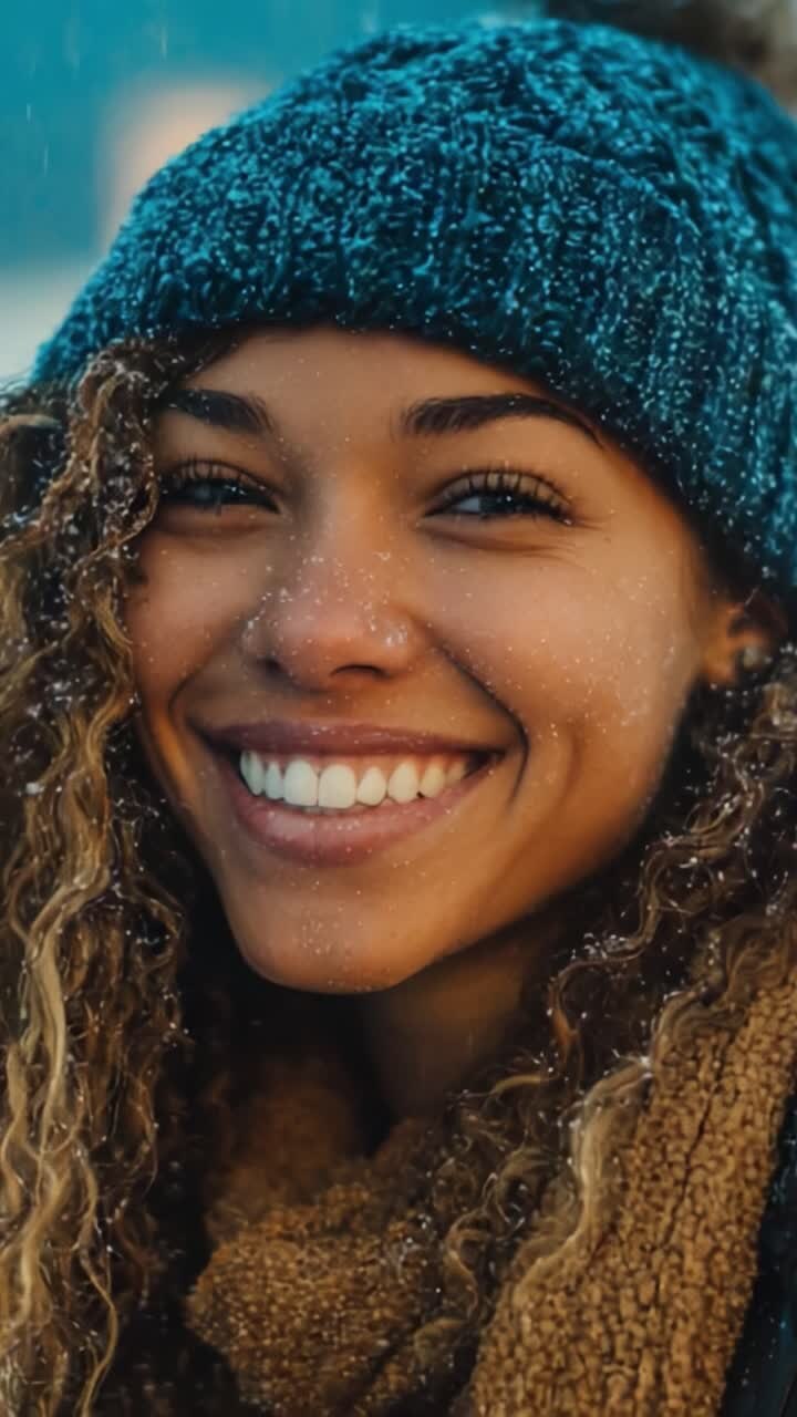 Joyful Winter Smiles: A Close-Up Portrait of a Woman with Curly Hair and a Knit Beanie, Radiating Happiness in a Snowy Landscape