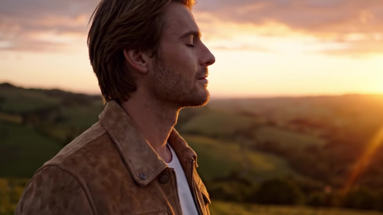 Una riflessione serena al tramonto: un uomo che contempla la bellezza della natura contro un orizzonte abbagliante di dolci colline e colori vivaci.